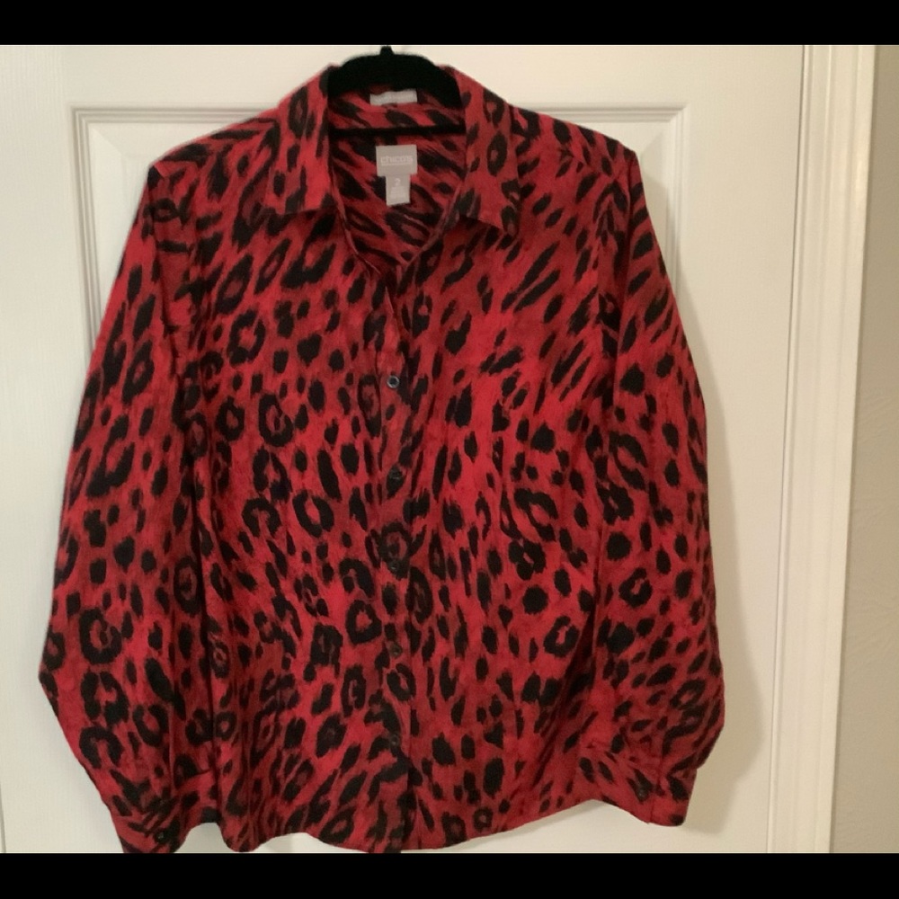Chico’s Red Black Cheetah Animal Print Button Down Shirt Chico’s 2 or Large